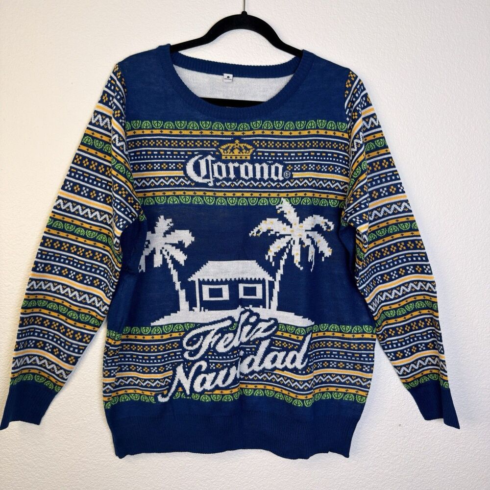Corona Beer Feliz Navidad Ugly Christmas Sweater Mens Large Navy Blue Knit NWOT